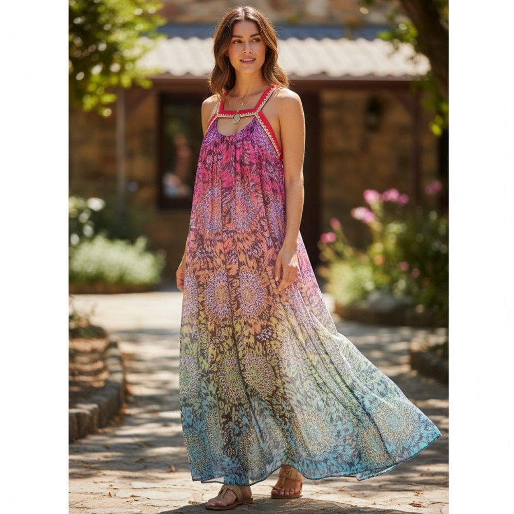MATTHEW WILLIAMSON Escape Silk Beaded Butterfly Colorful Cut Out Maxi Dress